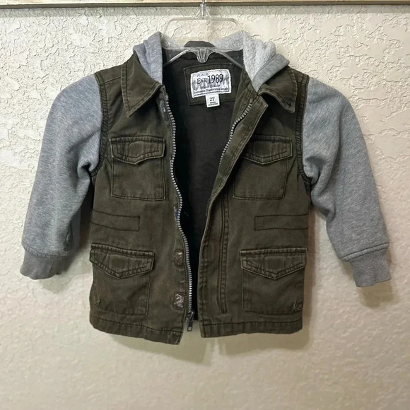 Children’s Place vintage toddler‎ boy  layer cargo jacket khaki green/grey sz 2T - Picture 1 of 6
